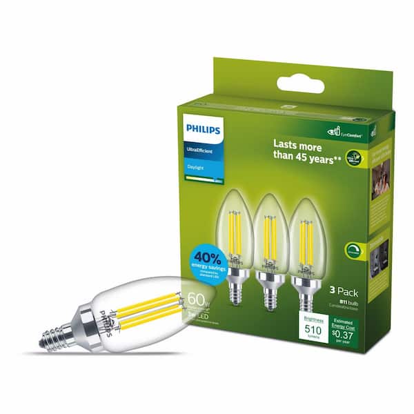 Philips 60-Watt Equivalent B11 Ultra Efficient Clear LED Light Bulb 5000K 3-Pack