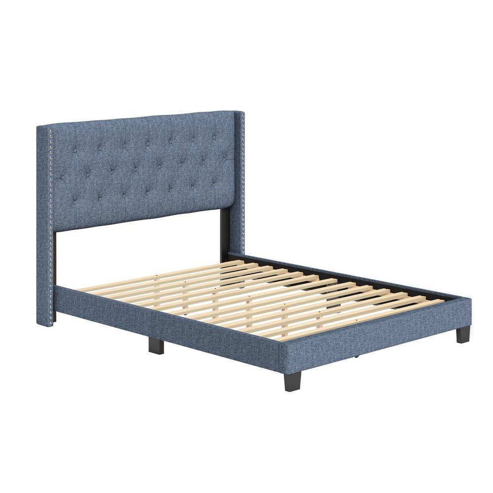 Sophia Blue Linen Queen Platform Bed with Tufted Wingback Headboard