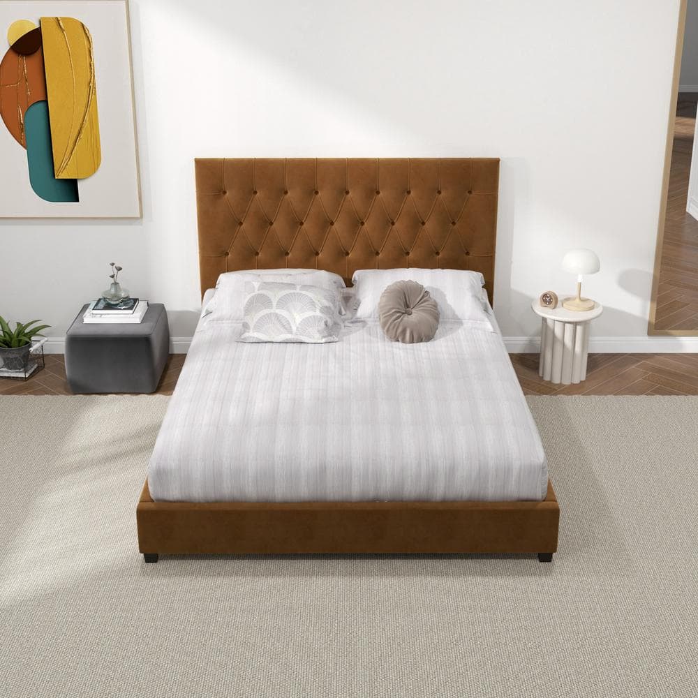 Elda Walnut Queen Platform Bed with Tufted Velvet Upholstery