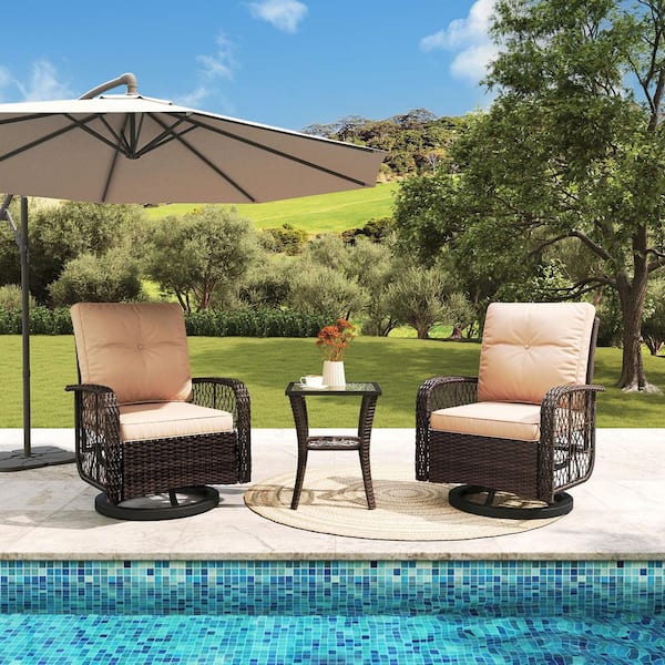Sizzim 3-Piece Brown Wicker Outdoor Rocking Chair Set Outdoor Swivel Chairs with Beige Cushions