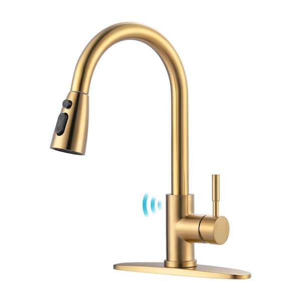 15.3 in. Touchless Sensor Single Handle Pull Down Sprayer Kitchen Faucet with 360° Spout in Stainless Steel Gold