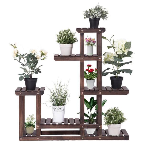 FORCLOVER 38 in. Tall Indoor/Outdoor Brown Fir Wood Plant Stand 6-Tiered