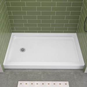 60 in. L x 36 in. W Single Threshold Alcove Floor Shower Pan Base with Left Drain in White Rectangle Acrylic Shower Base