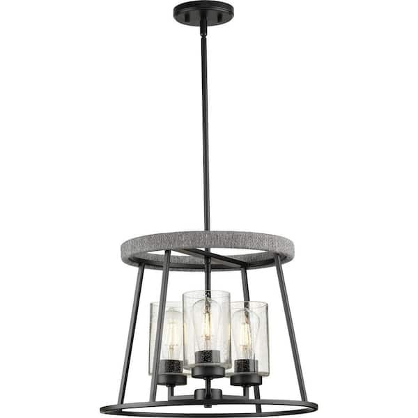 Progress Lighting Laramie Collection 3-Light Matte Black Rustic Modern Clear Seeded Glass Chandelier