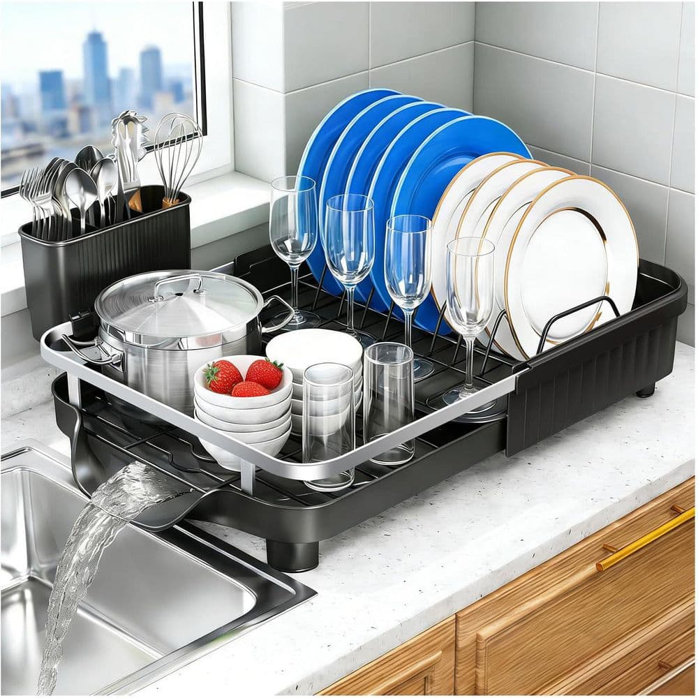 Bottom Dish Rack Black Expandable Stainless Steel Countertop Dish Rack with Utensil ...