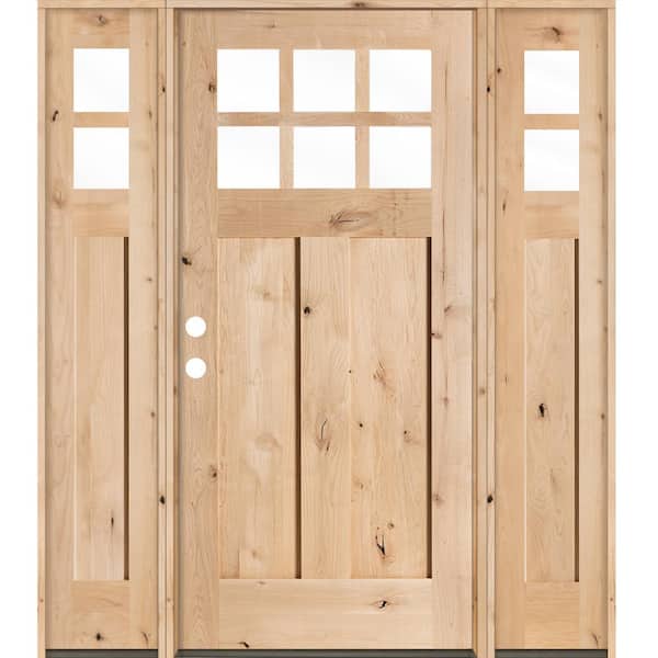 Krosswood Doors 64 in. x 80 in. Craftsman Alder 2 Panel 6-Lite Clear Low-E Unfinished Wood Right-Hand Prehung Front Door/Sidelites