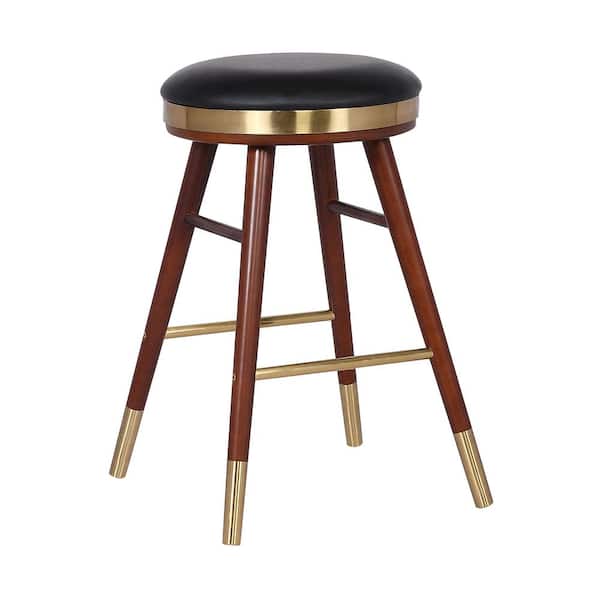 Armen Living Clara Mid-Century 26" Counter Height Bar Stool in Walnut Wood Finish and Black Faux Leather