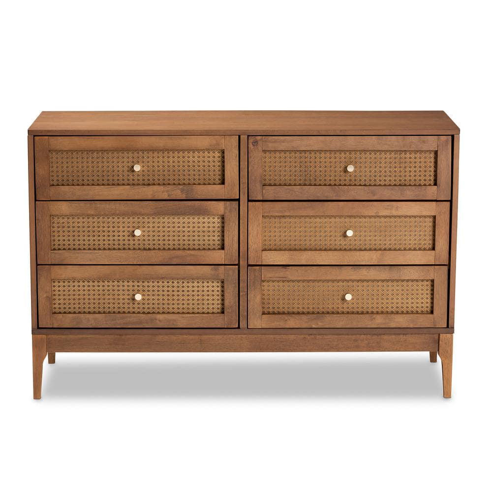 Ramiel Mid-Century Brown Ash Wood and Rattan 6-Drawer Dresser
