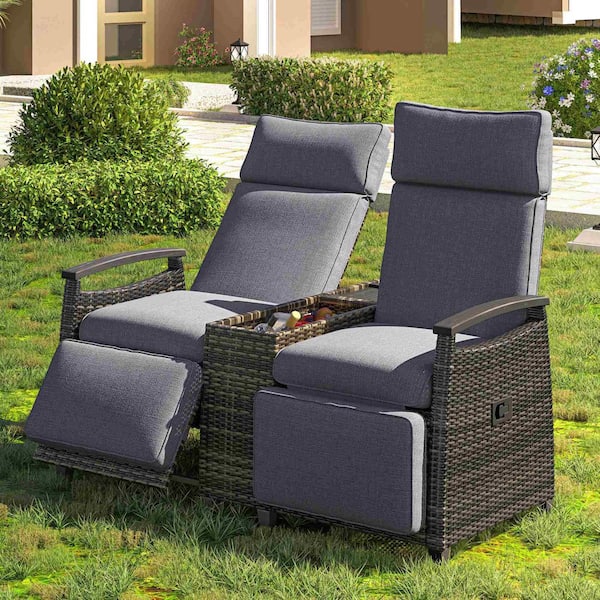 Polibi 2-Piece Gray Wicker Outdoor Recliner Set with Gray Cushions and Built-in Storage Table for Balcony, Porch, Lawn