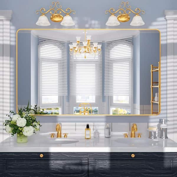 Nivorix Lira 60 in. W x 36 in. H Tempered Glass Brushed Gold Rectangular Framed Wall Bathroom Vanity Mirror