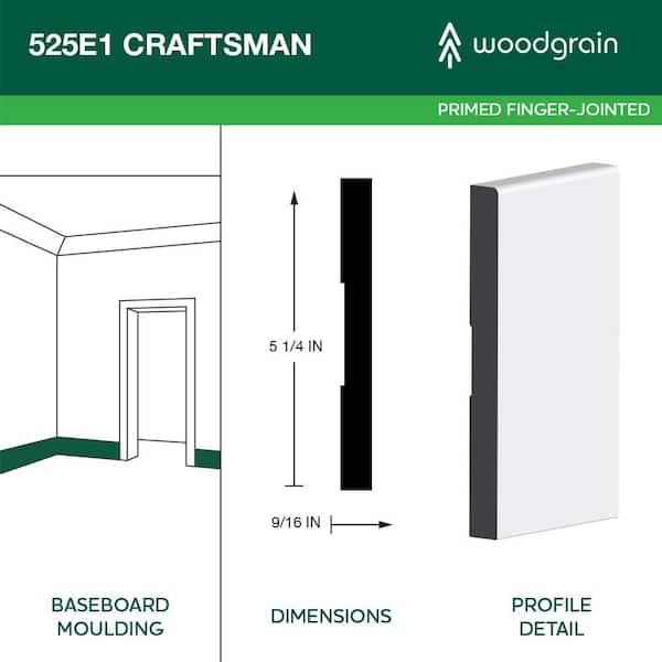 Pro Pack 525E1 9/16 in. x 5-1/4 in. x 144 in. Primed Pine Baseboard Moulding (5-Pack − 60 Total Linear Feet)