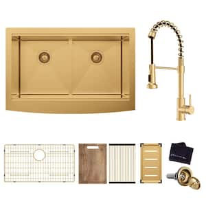 33 in. Farmhouse/Apron-Front Double Bowl 18-Gauge Gold Stainless Steel Workstation Kitchen Sink with Spring Neck Faucet