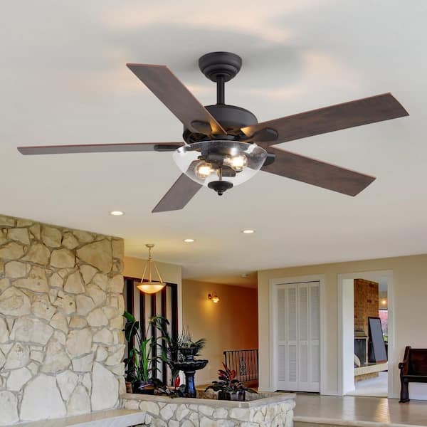 Clement 52 in. 2-Light Indoor Standard Black Ceiling Fan with Glass Light Kit , Reversible Blades and Remote Included