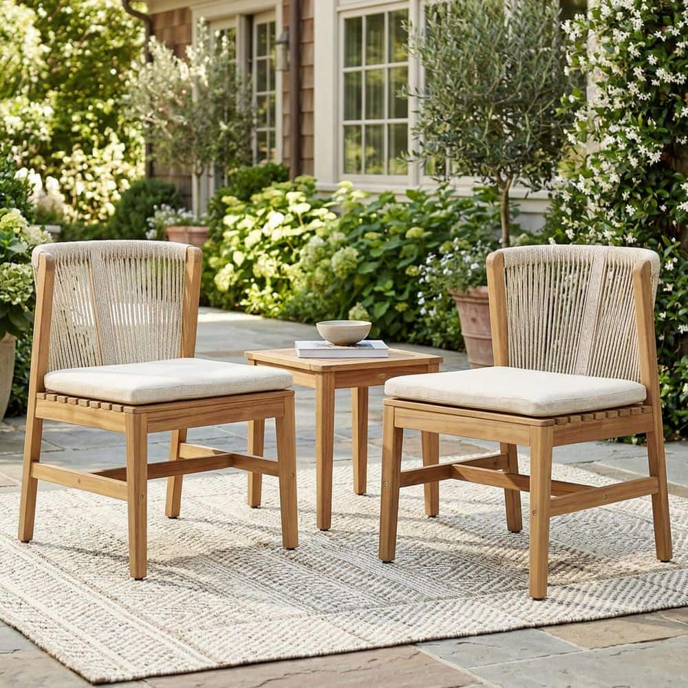 Irvon Patio Teak Finished Wood and Rope Woven Outdoor Dining Chairs with Beige Cushion, Set of 2 price history on PriceWatchPro