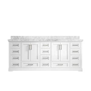 Boston 84 in. W x 22 in. D x 36 in. H Double Sink Bath Vanity in White with 2" Carrara Marble Top