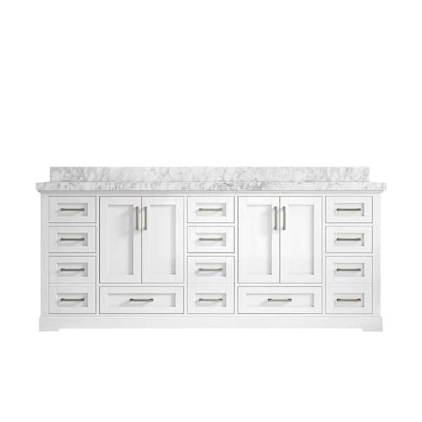 Willow Collections Boston 84 in. W x 22 in. D x 36 in. H Double Sink Bath Vanity in White with 2" Carrara Marble Top