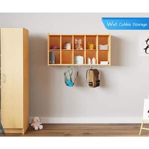 Laminate Wall Cubbie Storage (Maple), 10-Compartment Classroom Storage Cubby Organizer with Hooks, 46" W x 15" D x 26" H