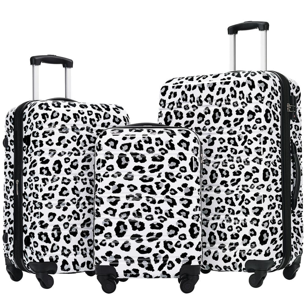 Lightweight Durable 3-Piece White and Black Leopard Expandable PC Hardshell Spinner Luggage Set with TSA Lock
