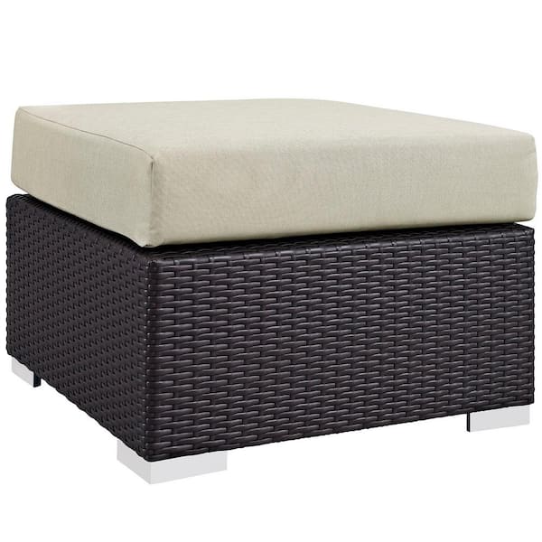MODWAY Convene Wicker Outdoor Patio Fabric Square Ottoman in Espresso with Beige Cushion