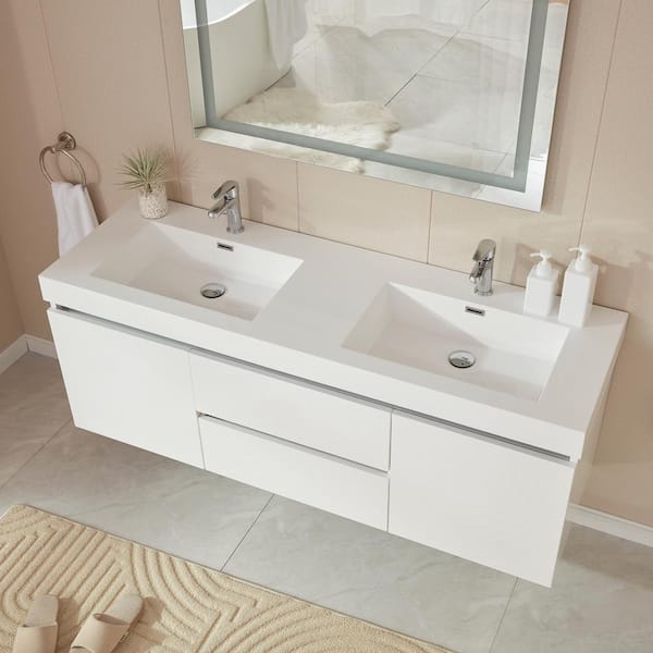 Vanity Art Annecy 60 in. W x 18.5 in. D x 20 in. H Bathroom Wall Hung Vanity in White with Double Basin Top in White Resin