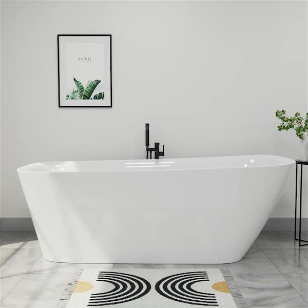 Mokleba 66 in. Acrylic Slipper High-Back Freestanding Rectangular Freestanding Flatbottom Single Slipper Bathtub in White
