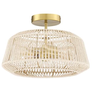 Bohe 14 in. 2-Light Rattan Semi-Flush Mount Ceiling Light with Brass Canopy