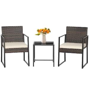 3-Pieces Patio Furniture Set Heavy-Duty Cushioned Wicker Rattan Chairs Table Outdoor in White