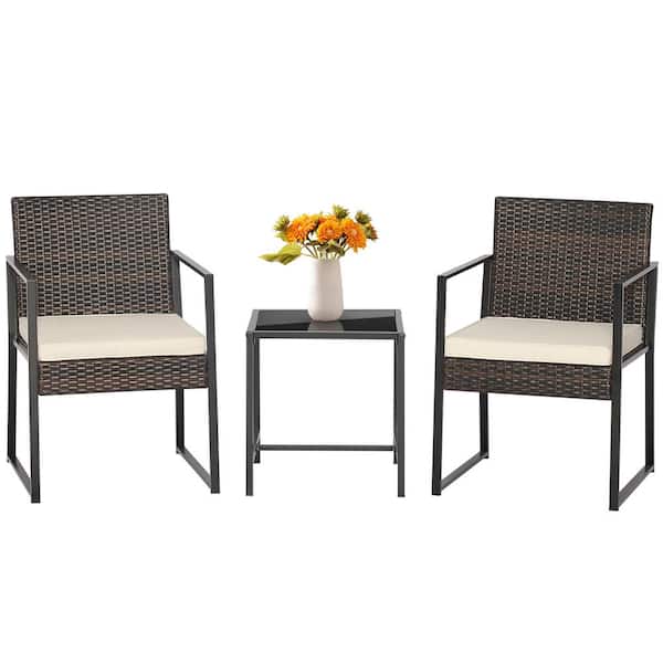 Costway 3-Pieces Patio Furniture Set Heavy-Duty Cushioned Wicker Rattan Chairs Table Outdoor in White