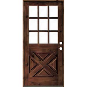 32 in. x 80 in. Knotty Alder Left-Hand/Inswing X-Panel 1/2 Lite Clear Glass Red Mahogany Stain Wood Prehung Front Door