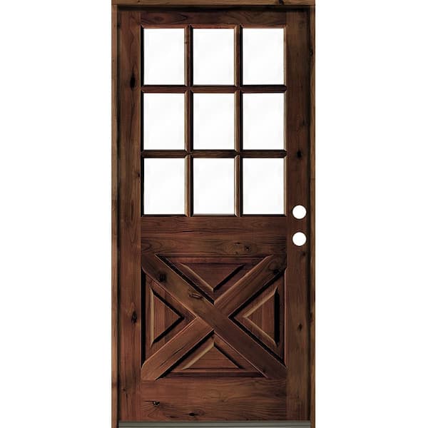 Krosswood Doors 32 in. x 80 in. Knotty Alder Left-Hand/Inswing X-Panel 1/2 Lite Clear Glass Red Mahogany Stain Wood Prehung Front Door