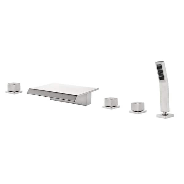 UKISHIRO 3-Handle Deck-Mount Roman Tub Faucet with Hand Shower in Brushed Nickel