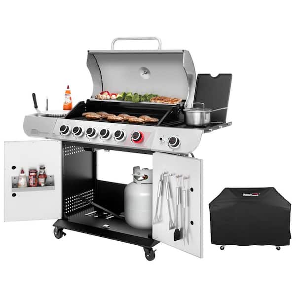 6-Burner BBQ Liquid Propane Gas Grill with Sear and Side Burner with Cover, 71,000 BTU Cabinet Style Gas Grill