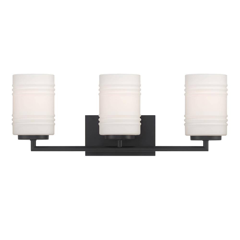 Modern Matte Black 3-Light Vanity Bath Light with Etched Opal Glass