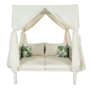 Beige Metal Outdoor Day Bed with Beige Cushions and Curtains