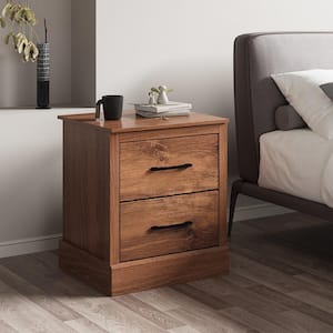 Rustic Walnut 2-Drawer Nightstand Bedside Table Compact Sofa End Table Rustic