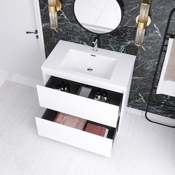 35.43 in. W x 19.69 in. D x 33.46 in. H Freestanding Bath Vanity in White with White Resin Top