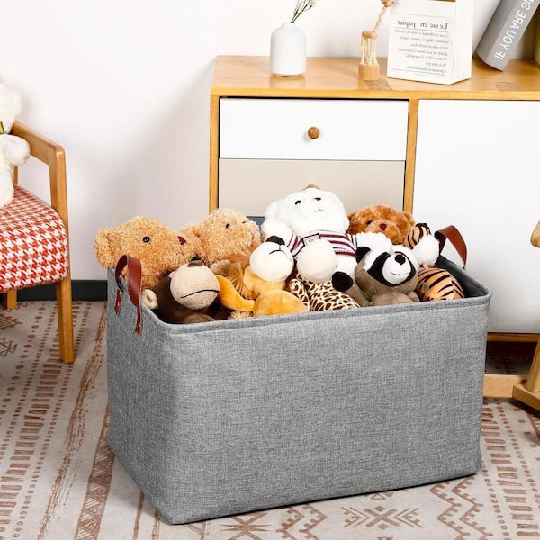 Gray 22 in. x 13 in. Linen Decorative Basket with PU Handles and