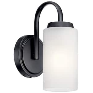 Kennewick 1-Light Black Bathroom Wall Sconce Light with Etched Glass