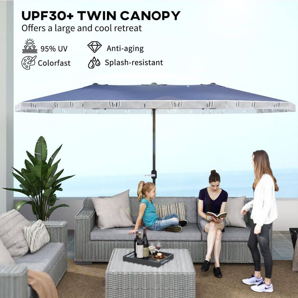 Extra Large Dark Blue Polyester Patio Umbrella with Fringe