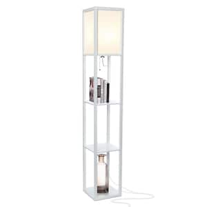 Maxwell 63 in. White Traditional 1-Light LED Energy Efficient 3-Shelf Floor Lamp with White Fabric Square Shade