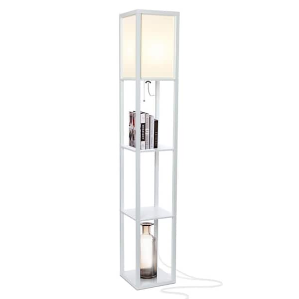 Brightech Maxwell 63 in. White Traditional 1-Light LED Energy Efficient 3-Shelf Floor Lamp with White Fabric Square Shade