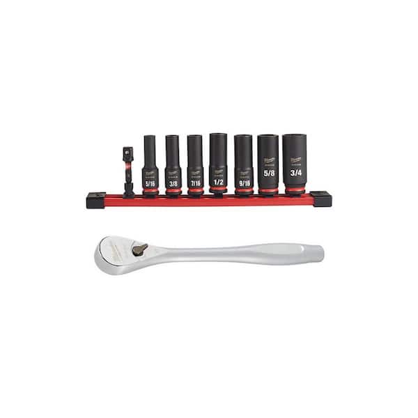 3/8 in. Drive Ratchet and SHOCKWAVE Impact Duty 3/8 in. SAE Deep Impact Rated Socket Set (9-Piece)