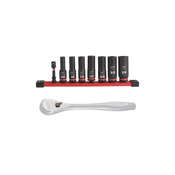 Milwaukee 3/8 in. Drive Ratchet and SHOCKWAVE Impact Duty 3/8 in. SAE Deep Impact Rated Socket Set (9-Piece)