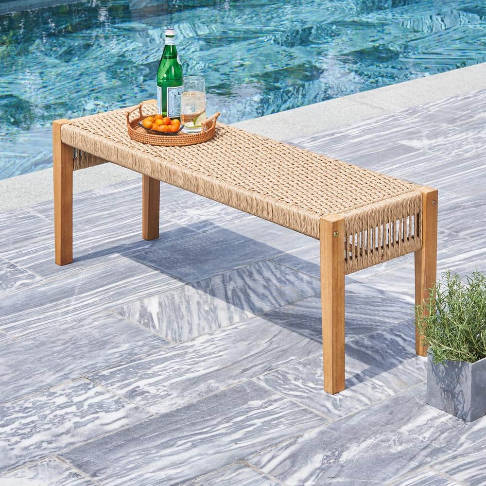AUTMOON 2-Seater Patio Acacia Wood Mixed Strapped Rattan Garden