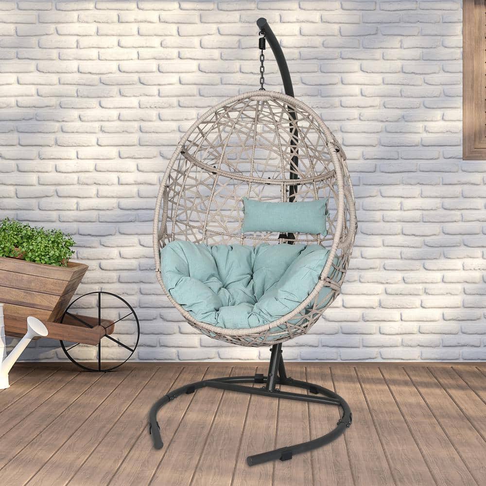 Turquoise Wicker Hanging Egg Chair with Cushions and Stand