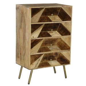 Brita 4-Drawers 2 Tone Brown and Gold Mango Wood Tall Dresser Chest with Geometric Inlaid Design