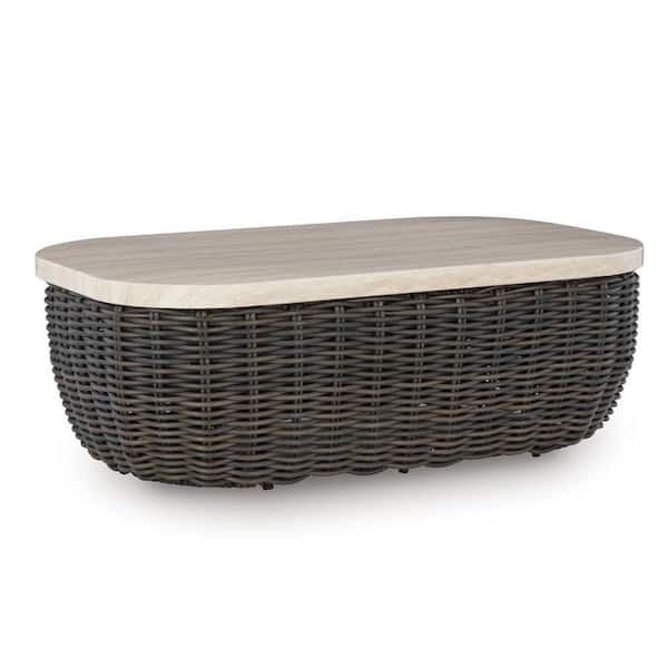 Benjara Kimo Dark Brown and White Rectangle Wicker Outdoor Cocktail Coffee Table