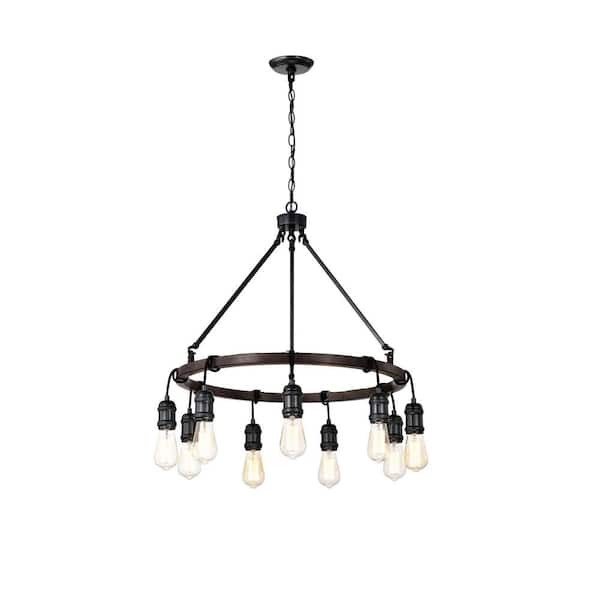 Jojospring Adela 26 in. Dia 9-Light Antique Black Metal Round Wheel Chandelier