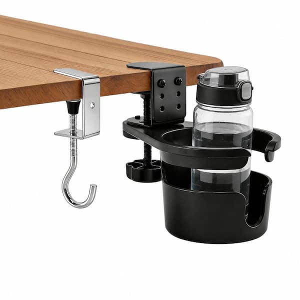 Adjustable Desk Cup Holder with Anti-Slip Silicone Grip and Bag Hook, Fits Mugs Tumblers Water Bottles