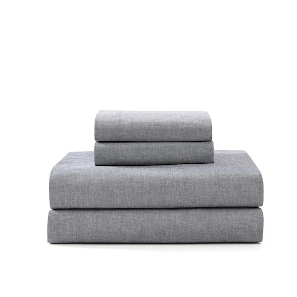 Tommy Hilfiger TH Solid Washed 4-Piece Navy Cotton Full Sheet Set